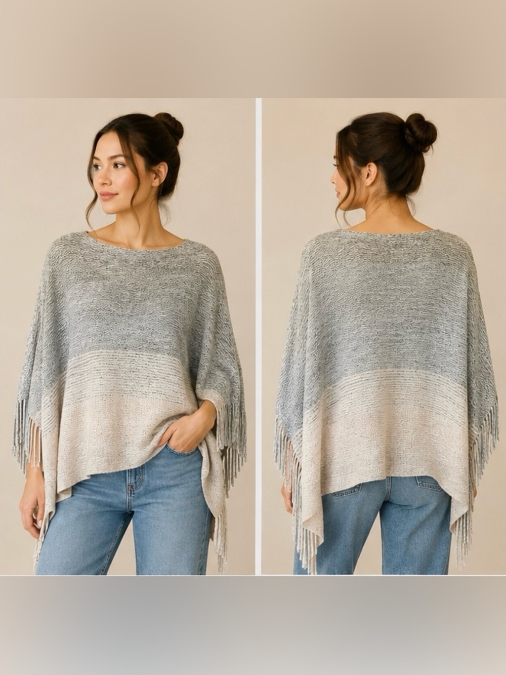 Guilty Knitwear Fringe Poncho Gray Cream One Size Boho